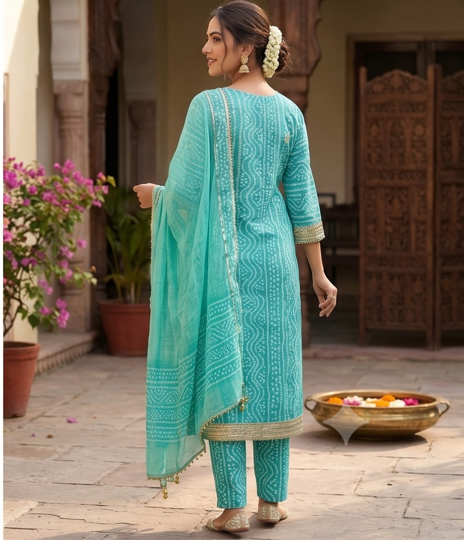 Aqua Mint Green Cotton Suit Set Bandhani Embroidery in Soft Golden Beige