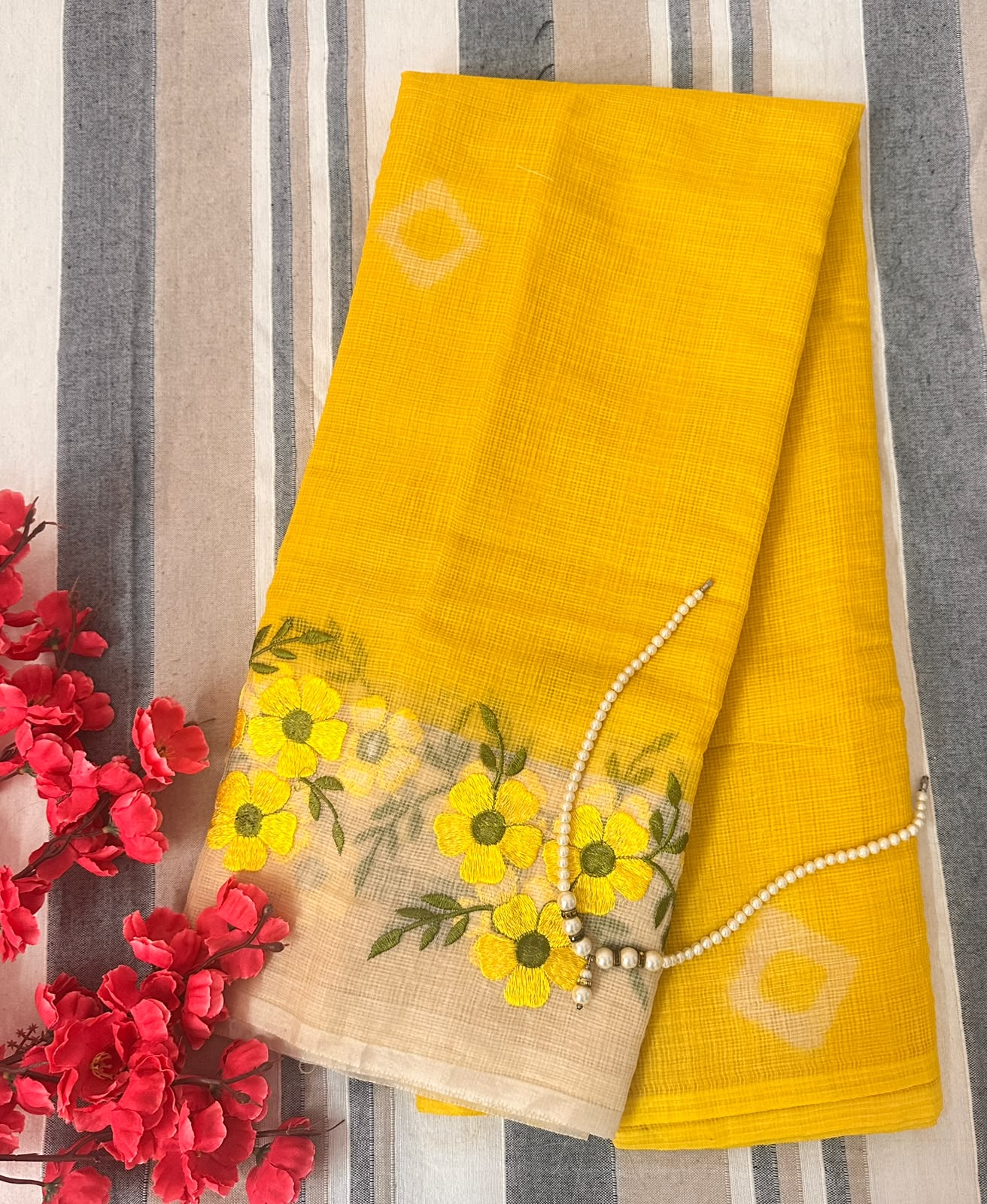 Sunflower Yellow Floral Embroidery in Golden Yellow and Green Hues