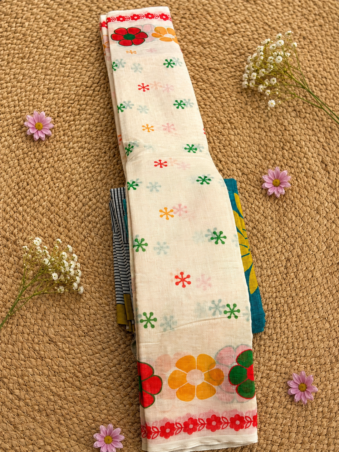 Phool-Kari Linen Cotton Saree