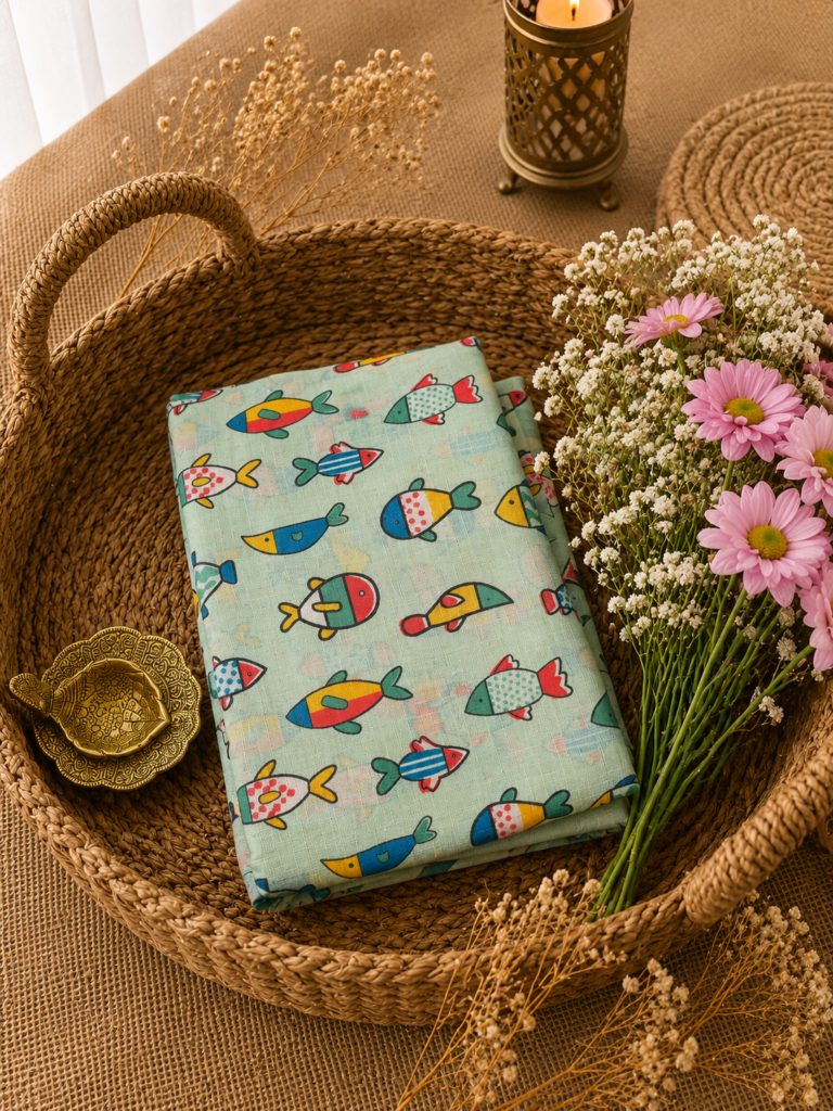 White Multi-Coloured Fish Print Saree