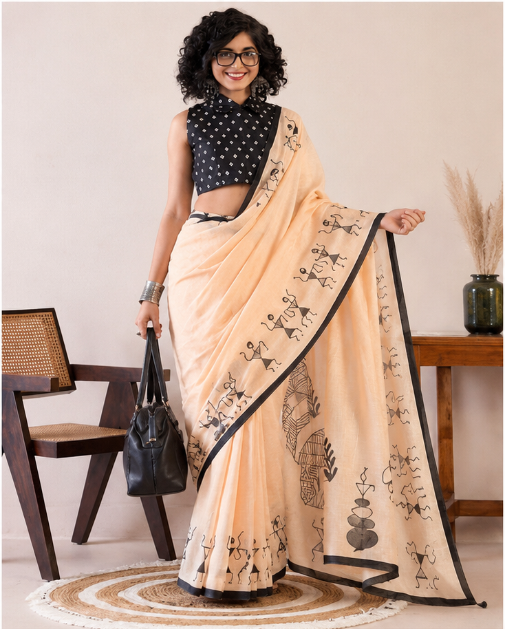 Warli Kala Linen Cotton Saree
