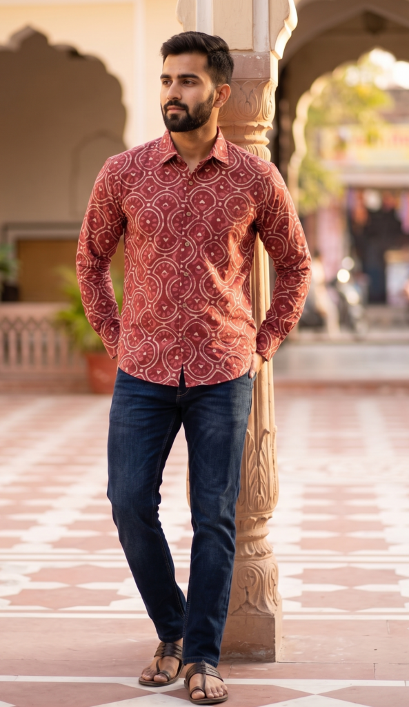 Jaipuri Hand Block Print Geometric Batik Cotton Shirt