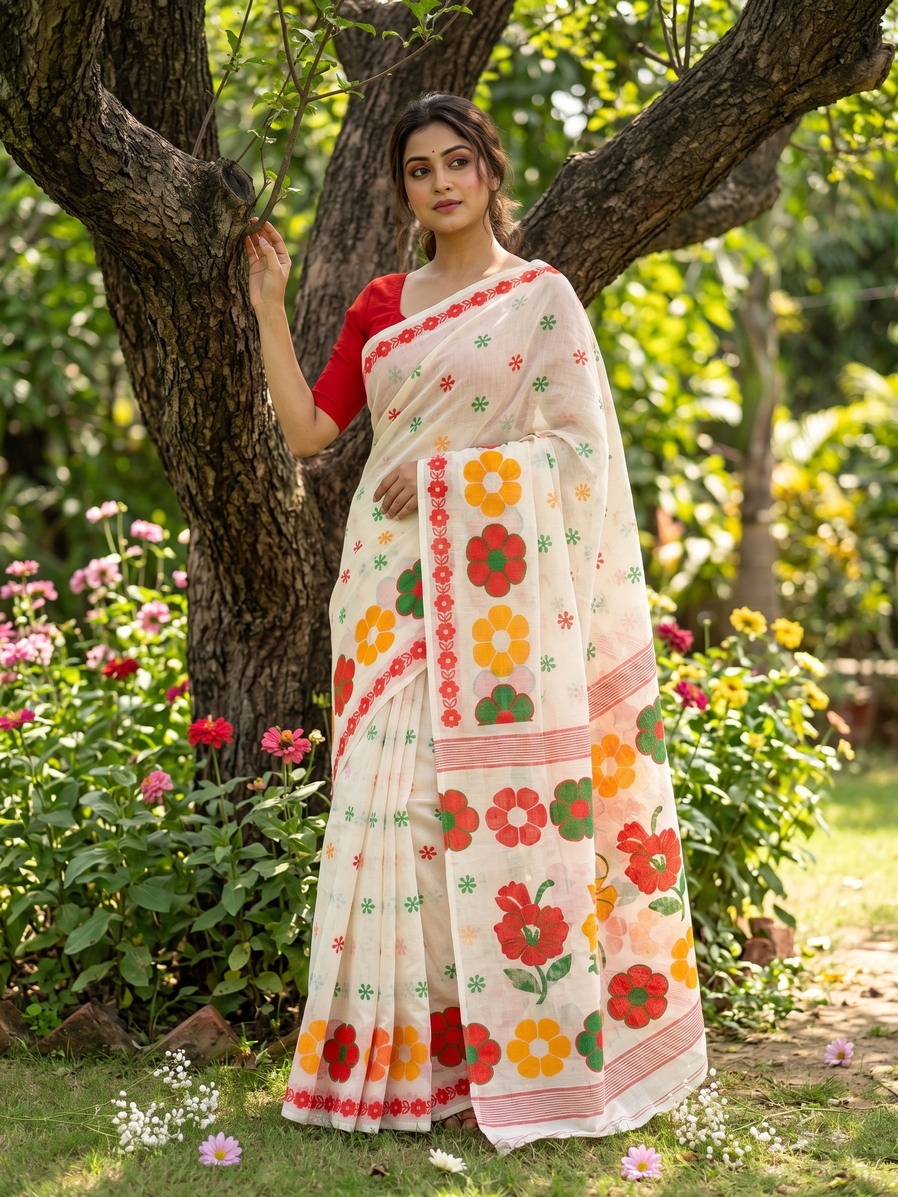 Phool-Kari Linen Cotton Saree