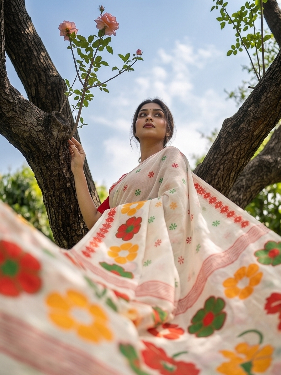 Phool-Kari Linen Cotton Saree