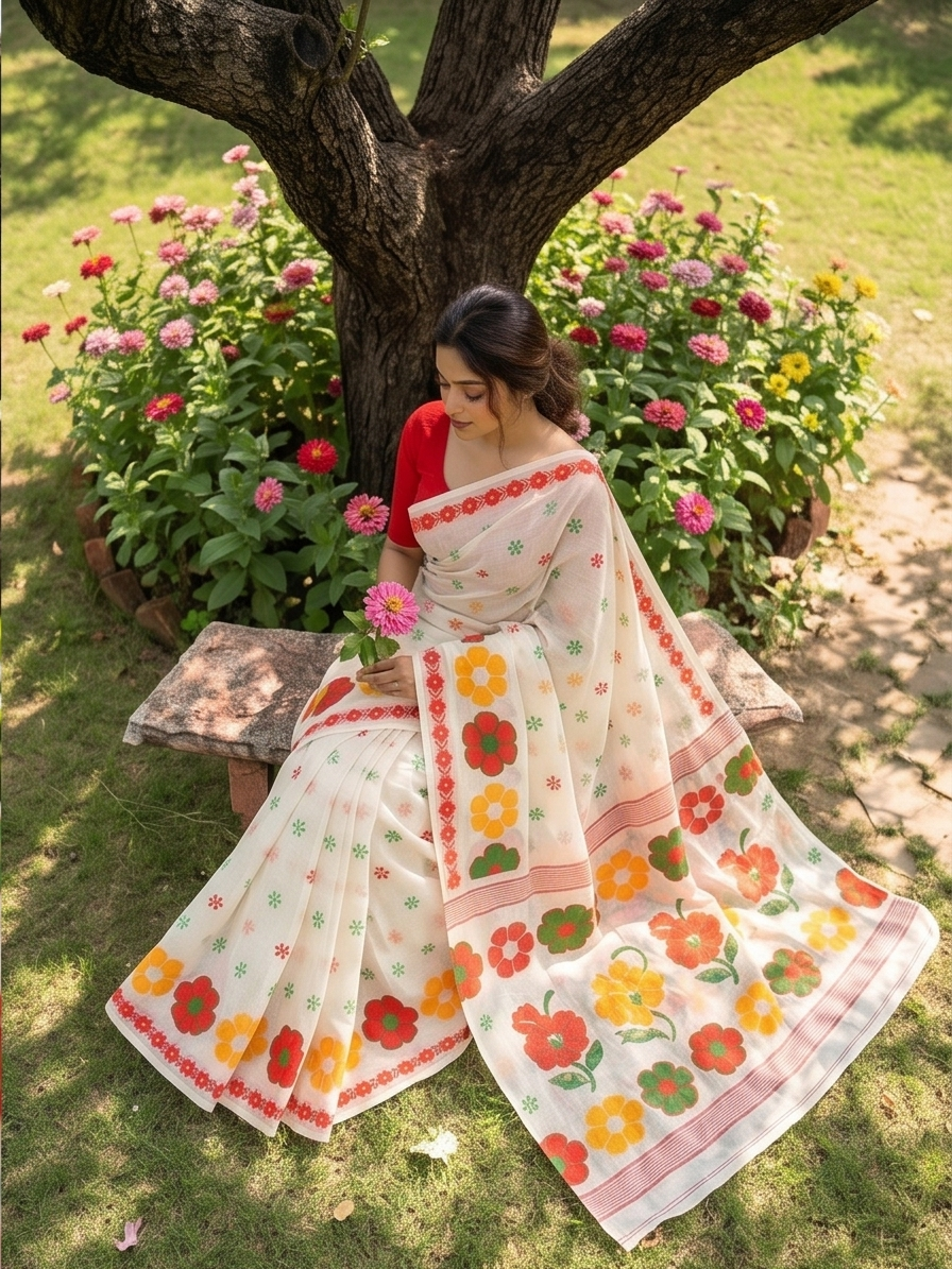 Phool-Kari Linen Cotton Saree