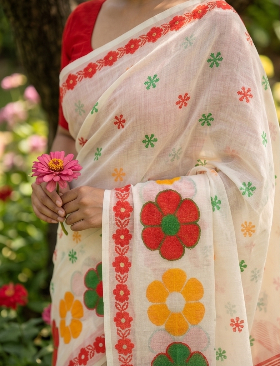 Phool-Kari Linen Cotton Saree