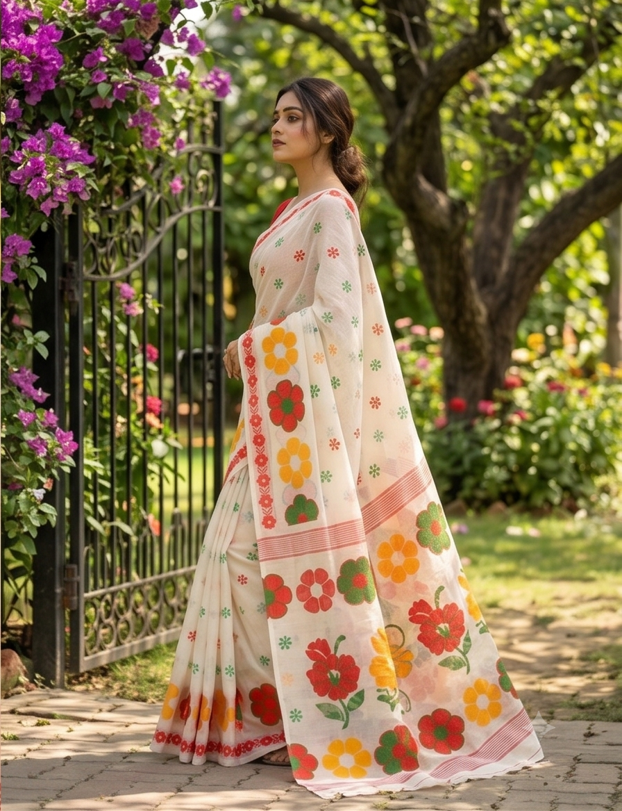Phool-Kari Linen Cotton Saree