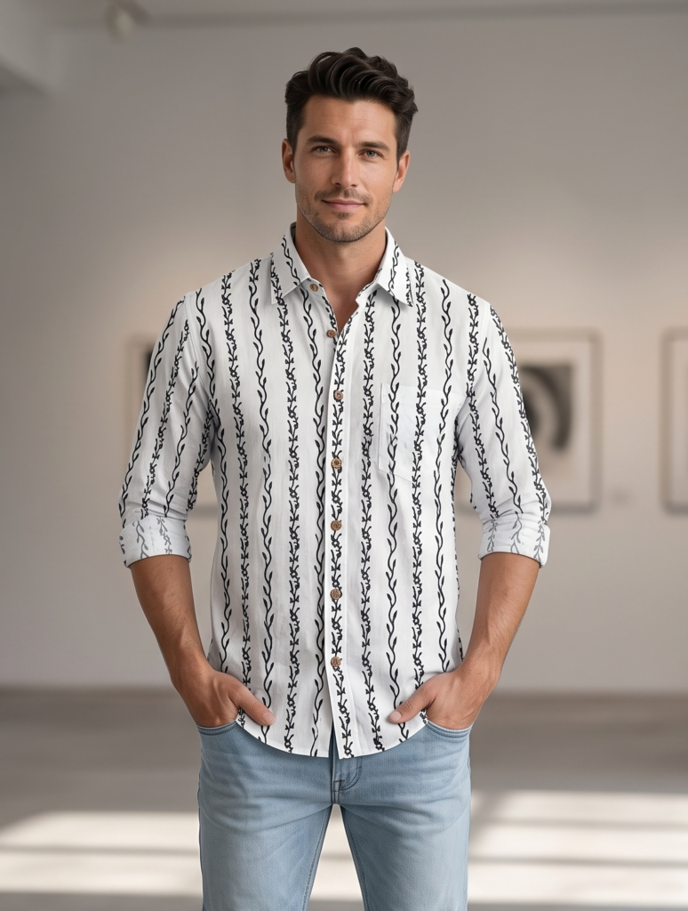 Hand Block Print Vertical Vine Stripe Cotton Shirt