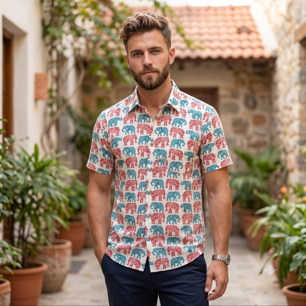 Hand Block Print Dual-Tone Elephant Cotton Shirt