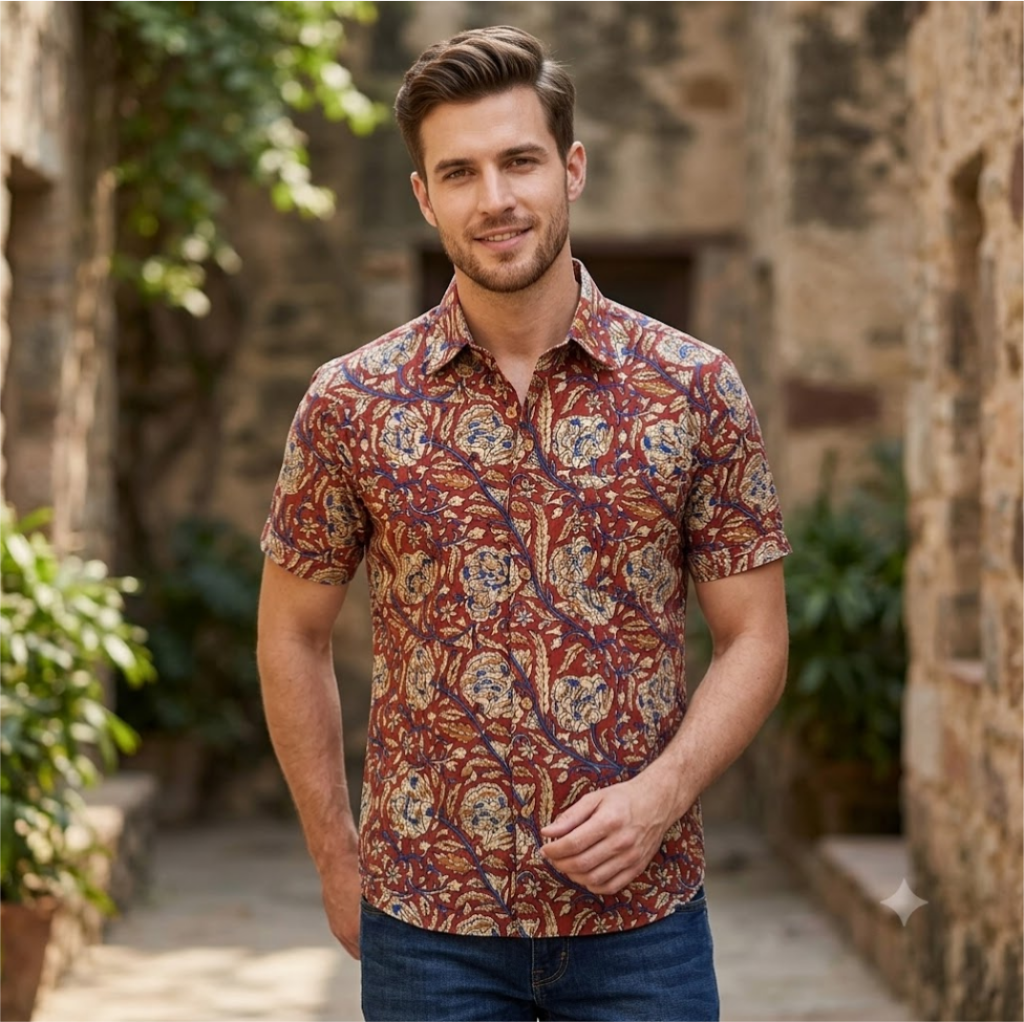 Kalamkari Floral Hand Block Print Cotton Shirt