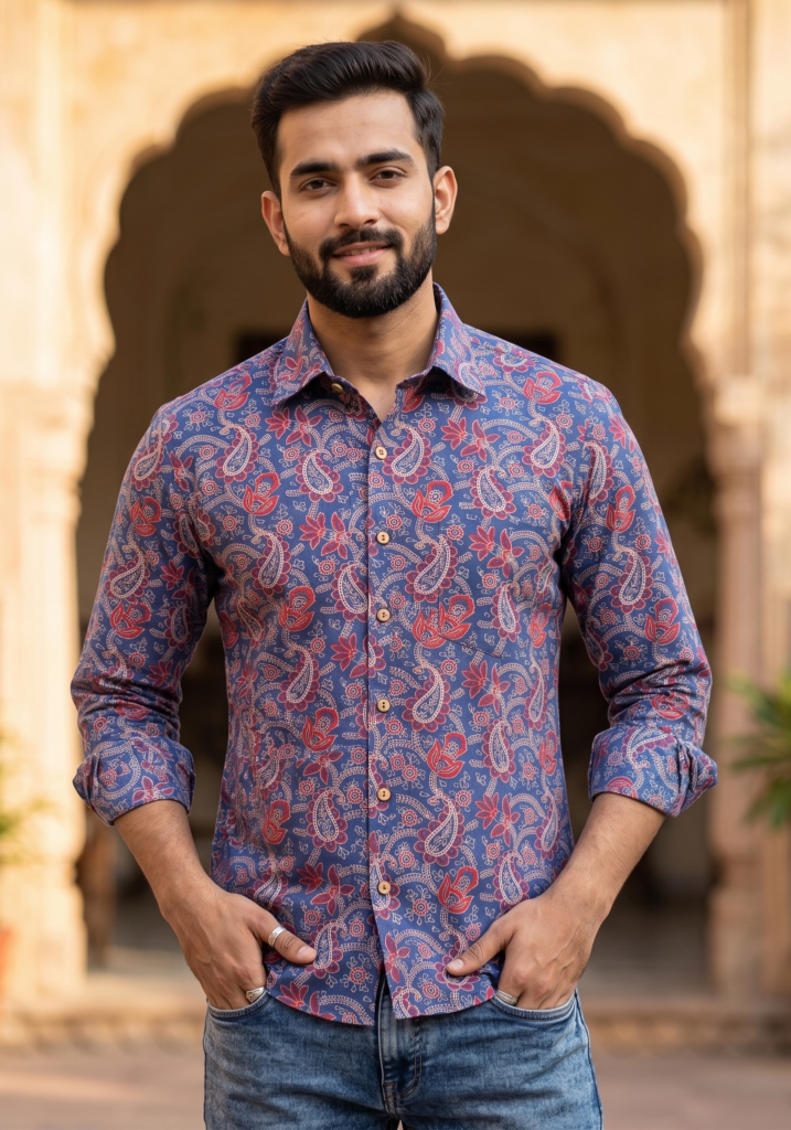 Jaipuri Hand Block Print Ajrakh Paisley Cotton Shirt