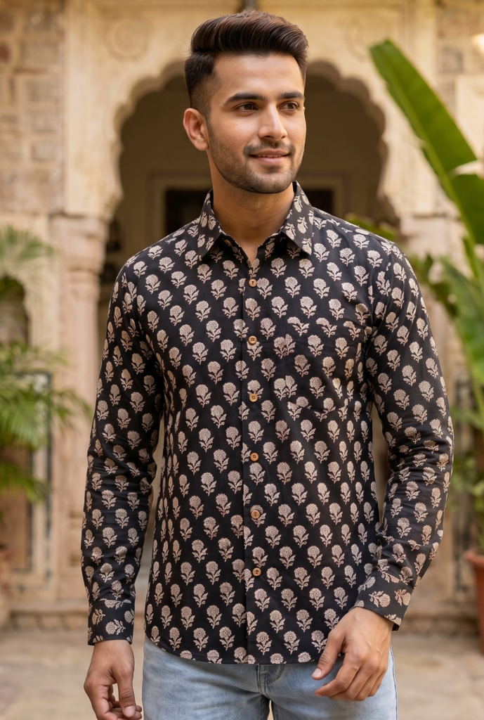 Jaipuri Hand Block Print Floral Buti Cotton Shirt