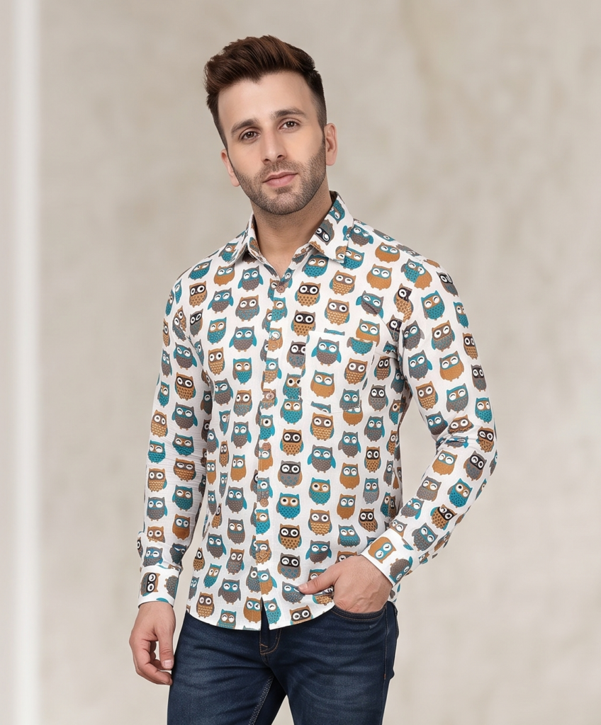Quirky Owl Motif Cotton Block Print Shirt